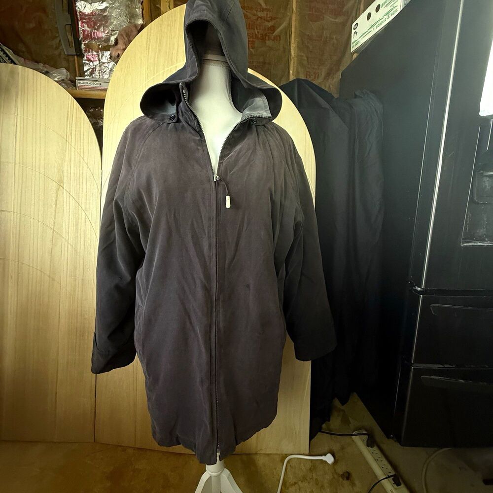 London Fog Mens L Black Hooded Full Zip Lined Mid-Length Parka Jacket